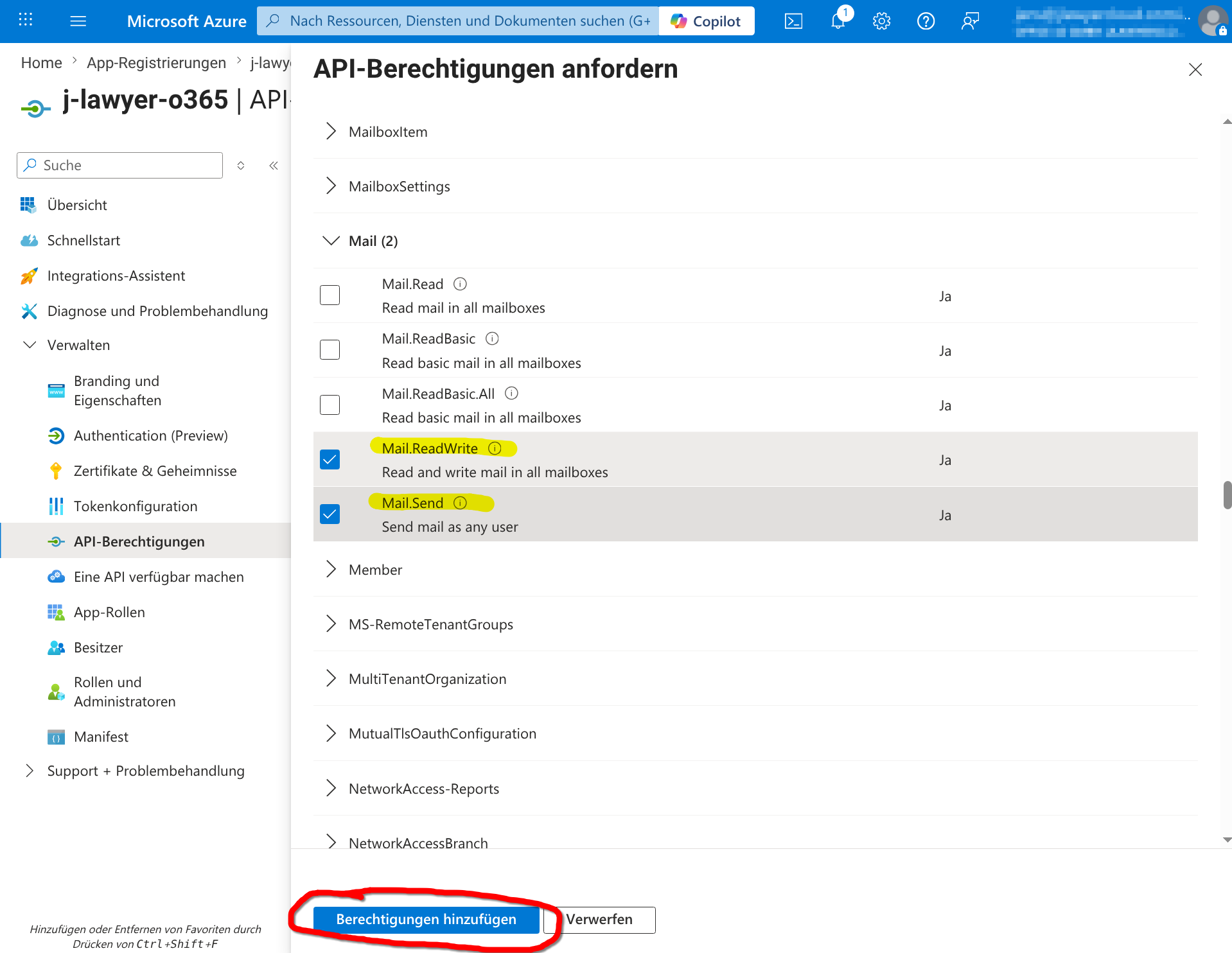 Auswahl Anwendungsberechtigungen