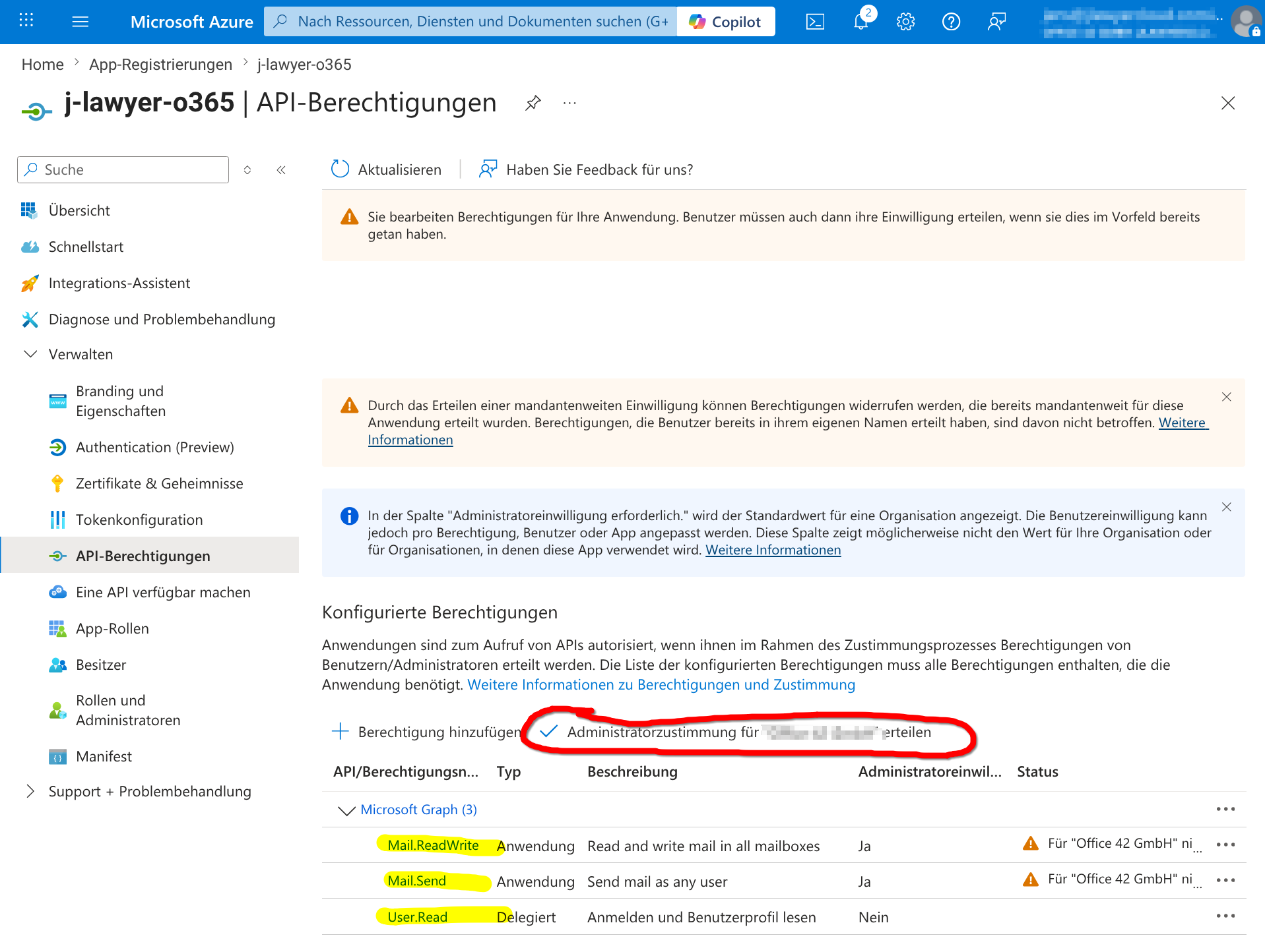 API-Berechtigungen mit Mail.ReadWrite und Mail.Send