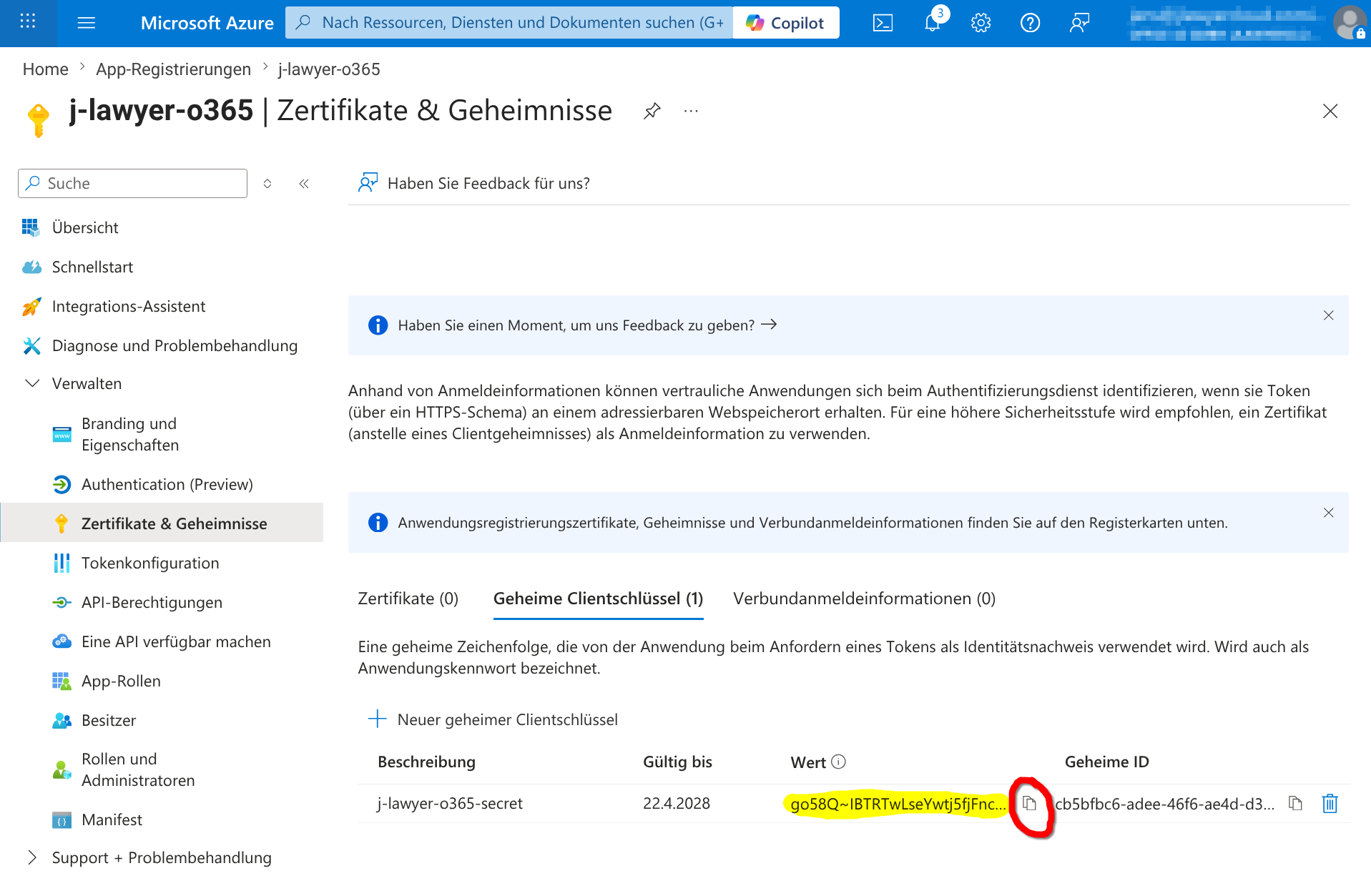 Neuer Clientschlüssel mit Wert