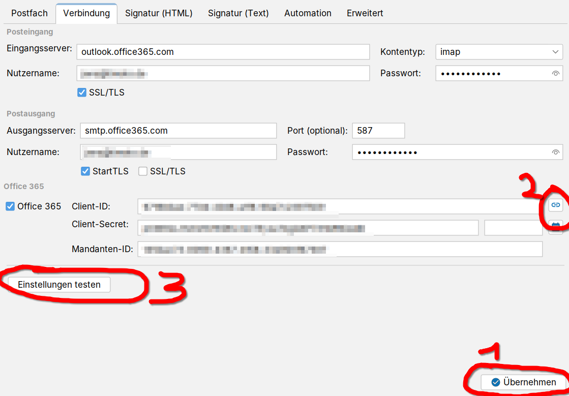 Postfachkonfiguration in j-lawyer.org mit aktiviertem Office 365